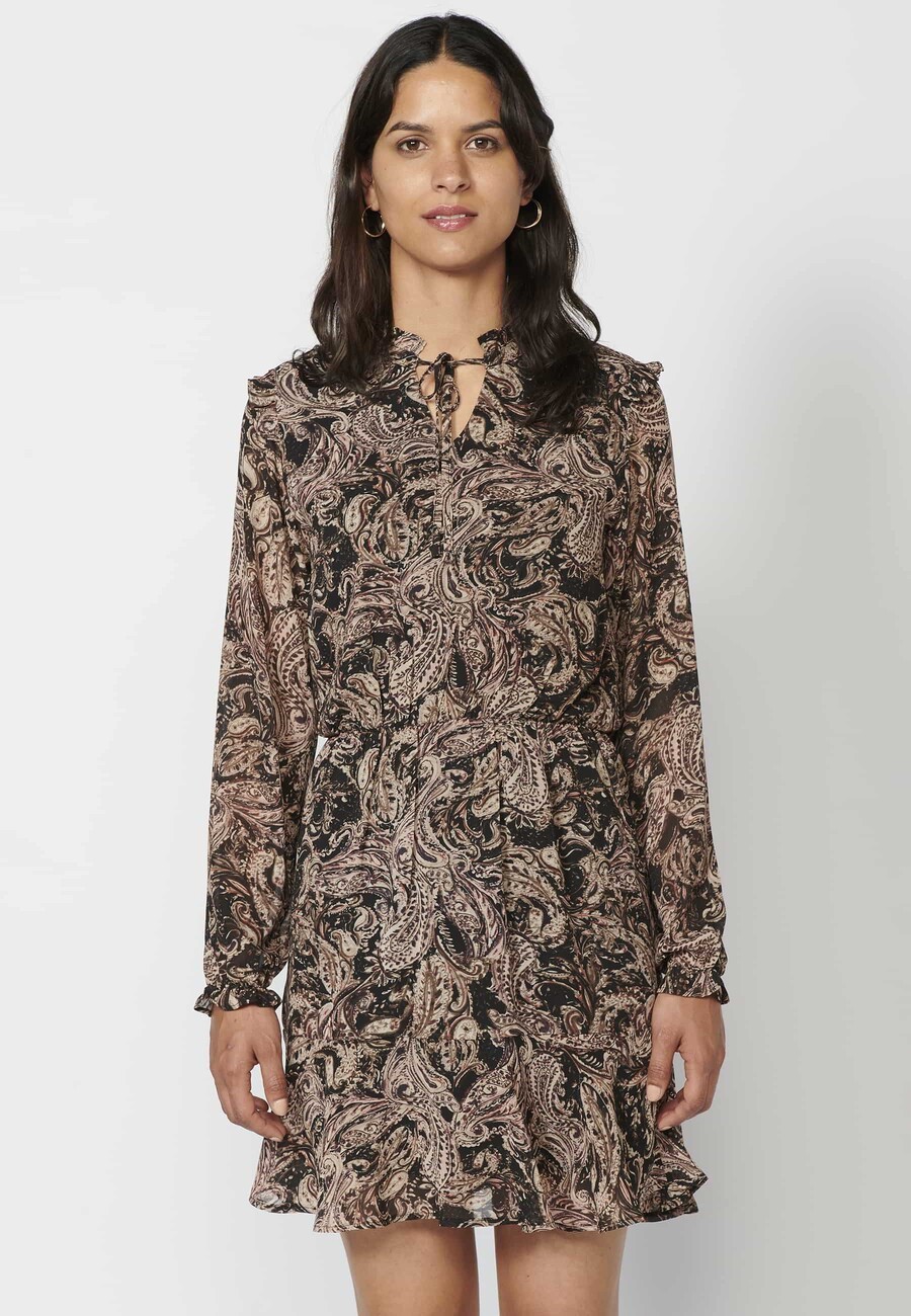 Vestido corto de manga larga de tela plisada con estampado floral color negro para mujer | Moda Actual 7