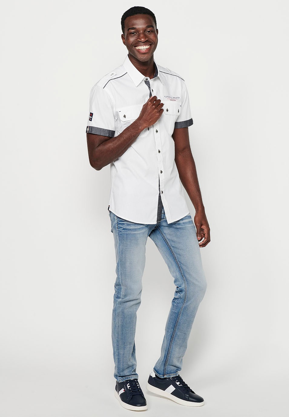 Cotton shirt, short sleeve, shoulder details, white color for men