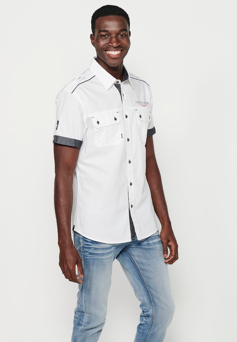 Cotton shirt, short sleeve, shoulder details, white color for men