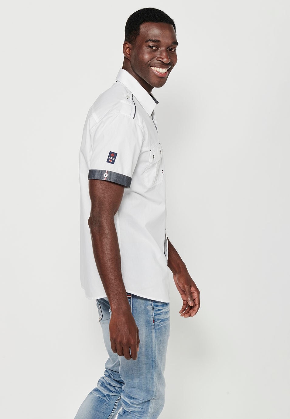 Cotton shirt, short sleeve, shoulder details, white color for men