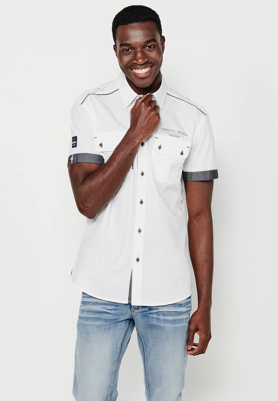 Cotton shirt, short sleeve, shoulder details, white color for men