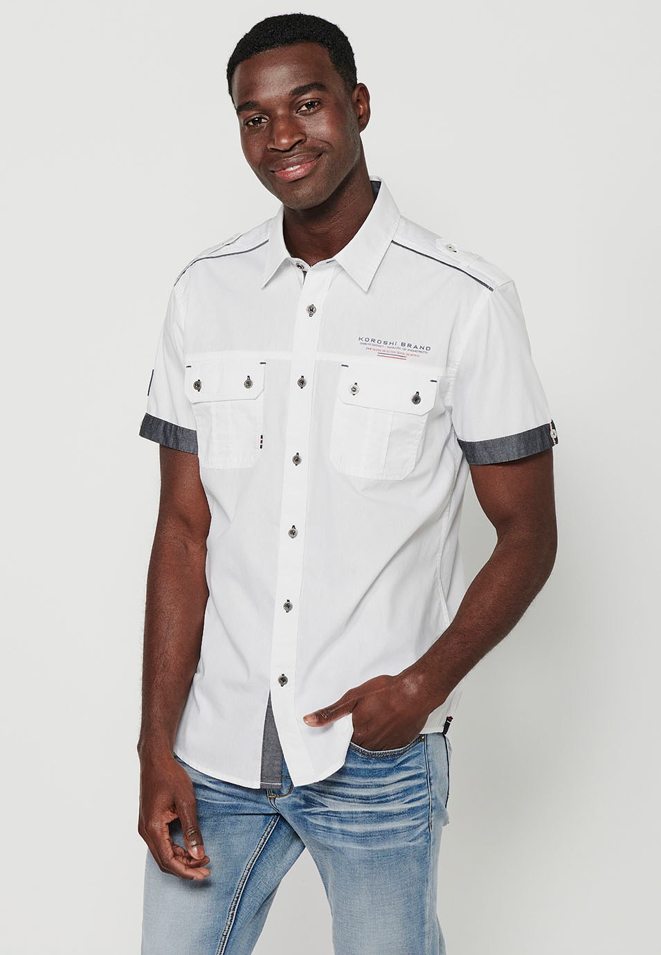 Cotton shirt, short sleeve, shoulder details, white color for men