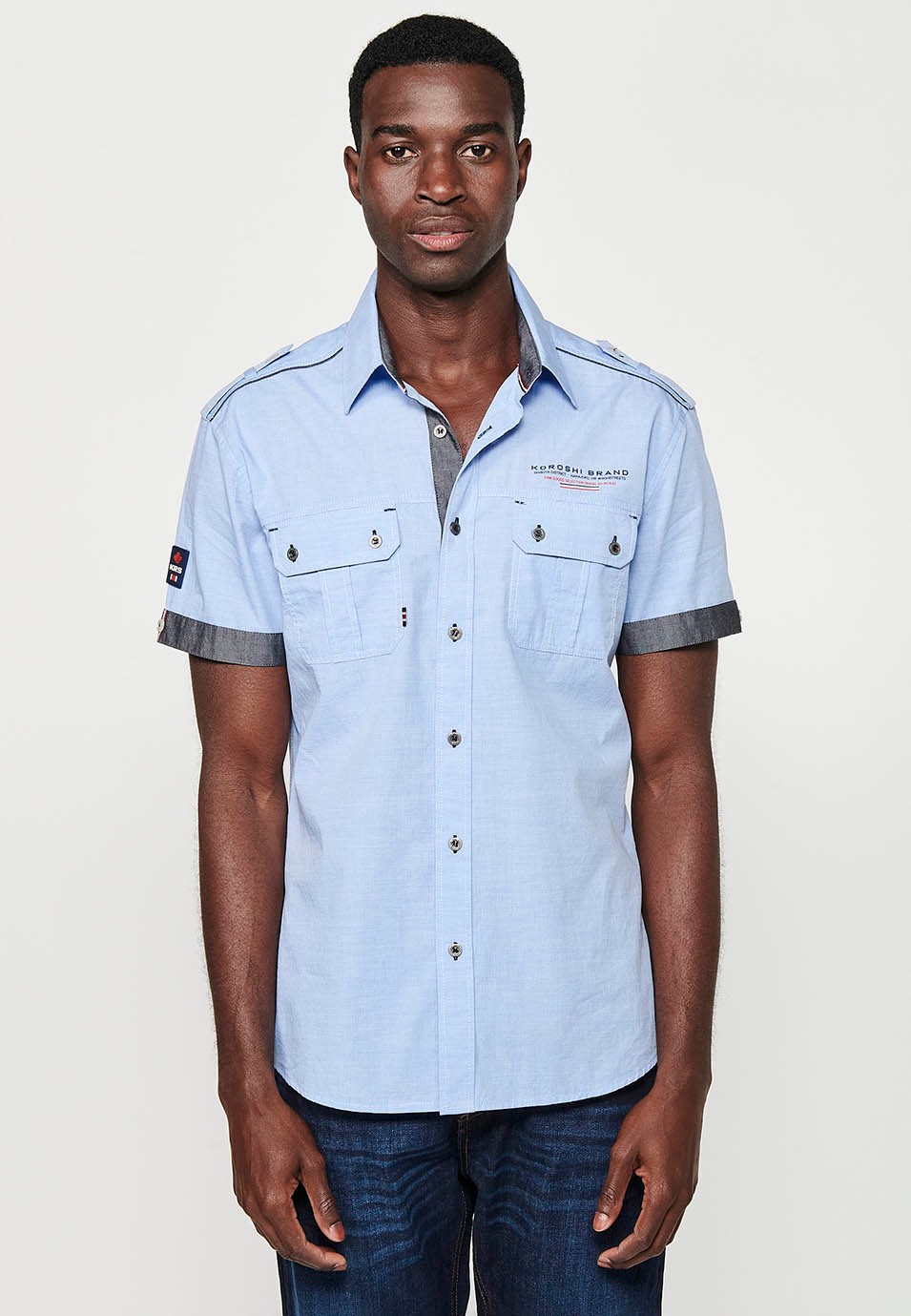 Camisa de cotó, màniga curta, detalls espatlla, color blau per a home 2