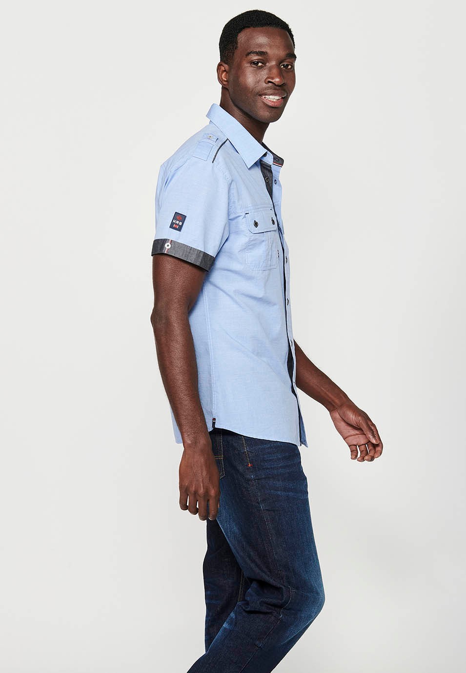 Camisa de cotó, màniga curta, detalls espatlla, color blau per a home 3