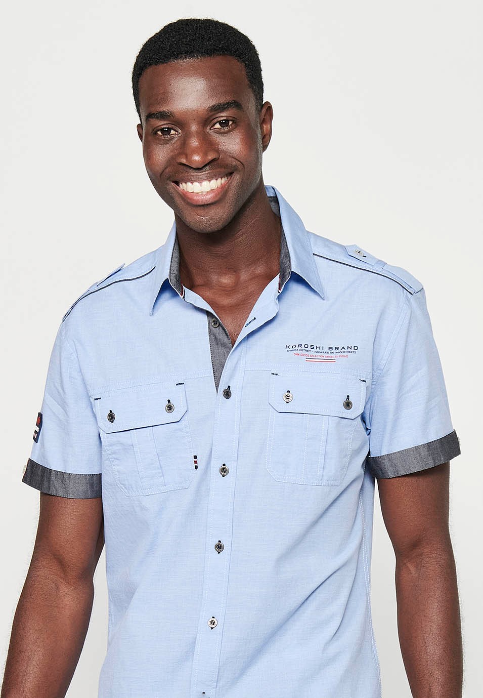Cotton shirt, short sleeve, shoulder details, blue color for men 6