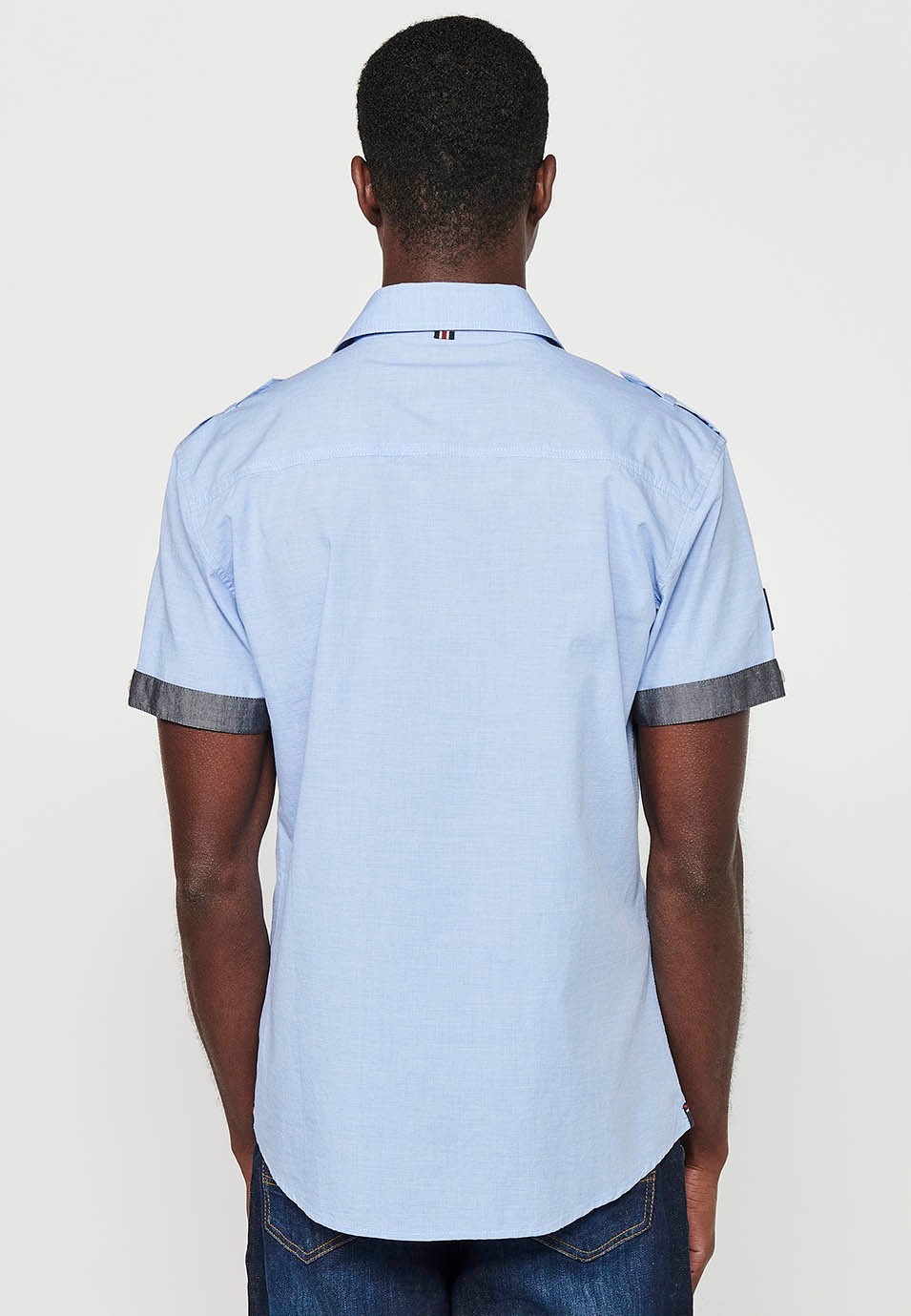 Camisa de cotó, màniga curta, detalls espatlla, color blau per a home 7