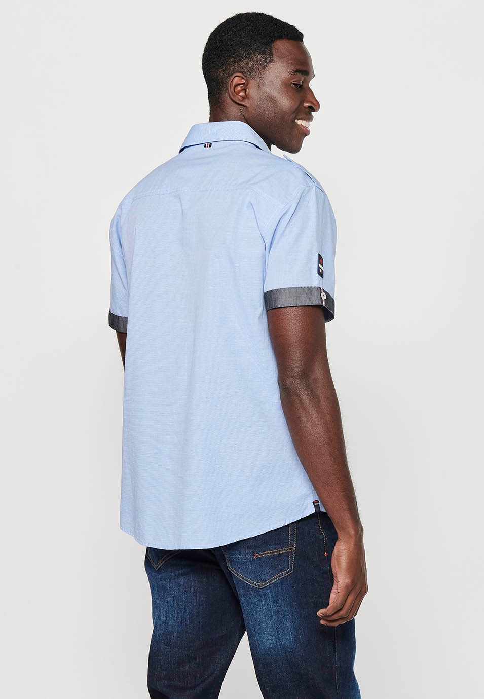 Camisa de algodon, manga corta, detalles hombro, color azul para hombre 5