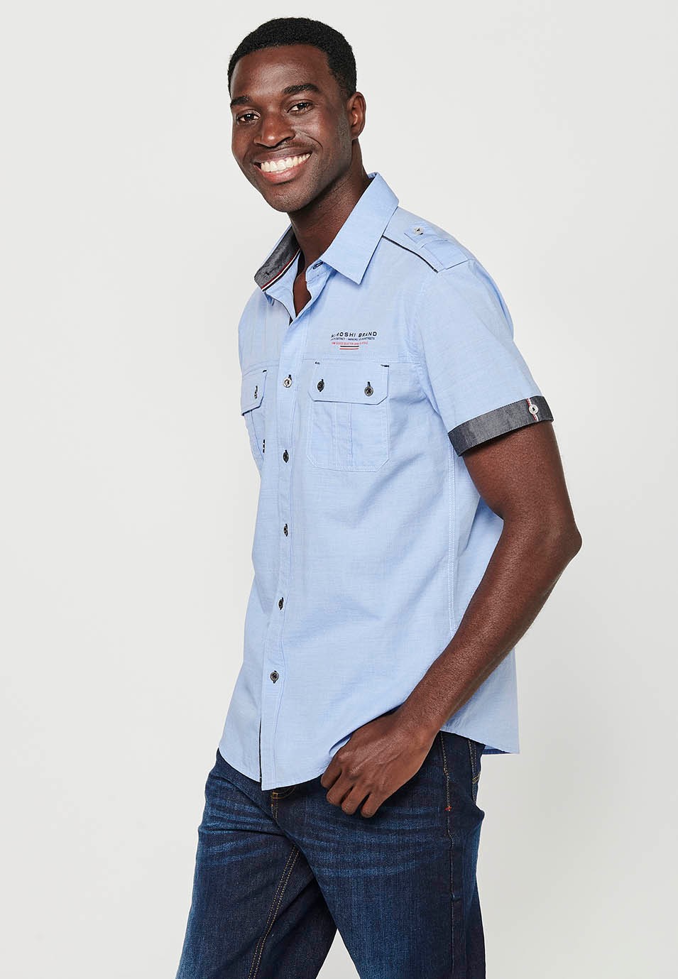 Camisa de cotó, màniga curta, detalls espatlla, color blau per a home 8