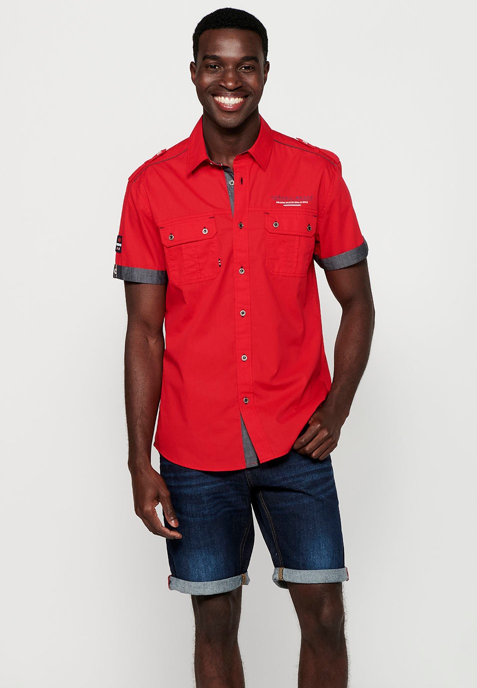 Cotton shirt, short sleeve, shoulder details, red color for men