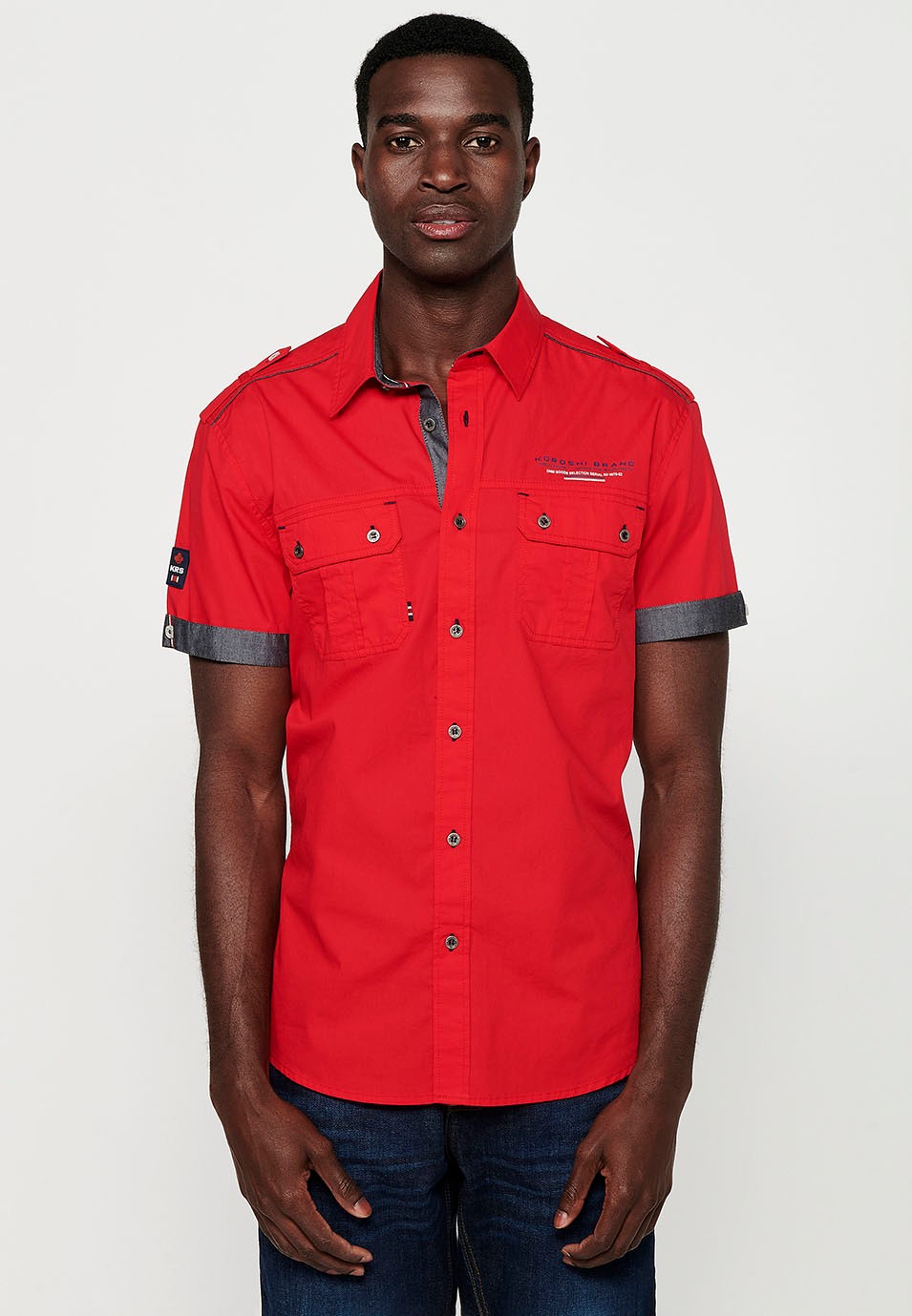 Chemise en coton, manches courtes, détails épaules, couleur rouge pour homme