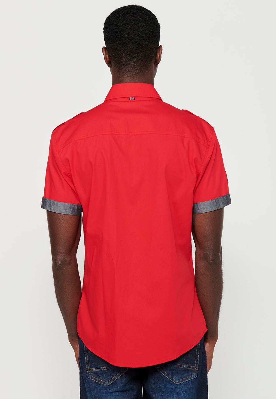 Cotton shirt, short sleeve, shoulder details, red color for men