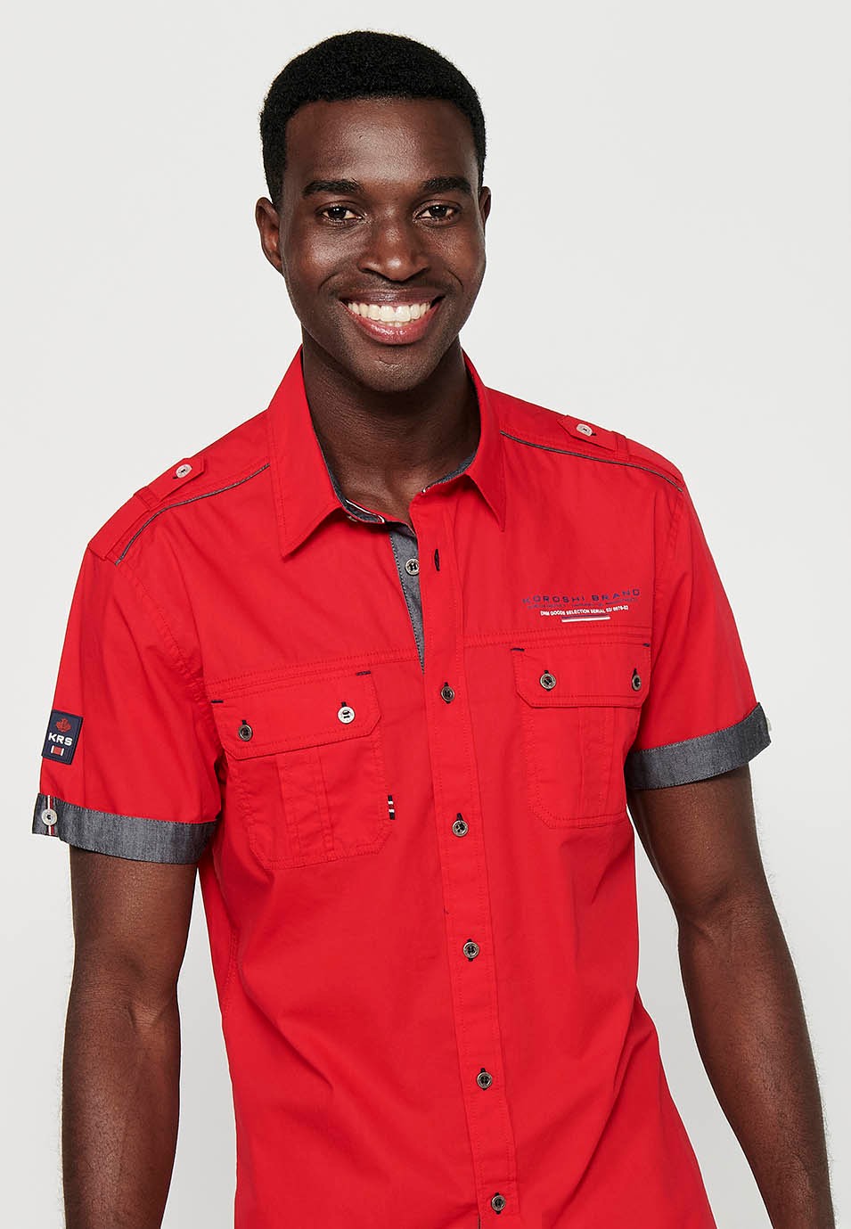 Cotton shirt, short sleeve, shoulder details, red color for men