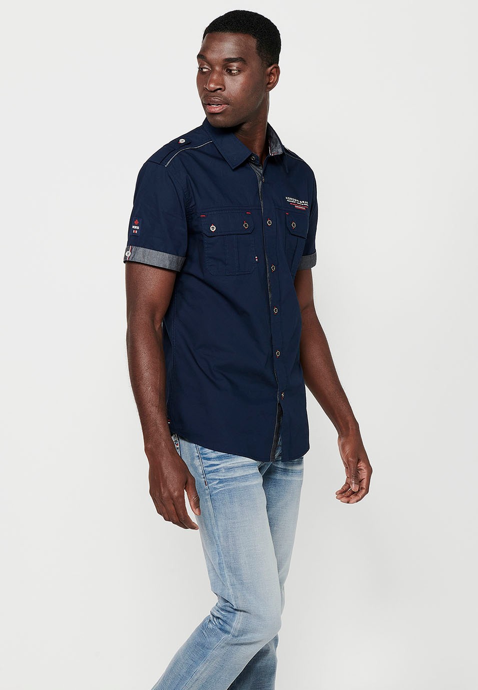 Cotton shirt, short sleeve, shoulder details, navy color for men