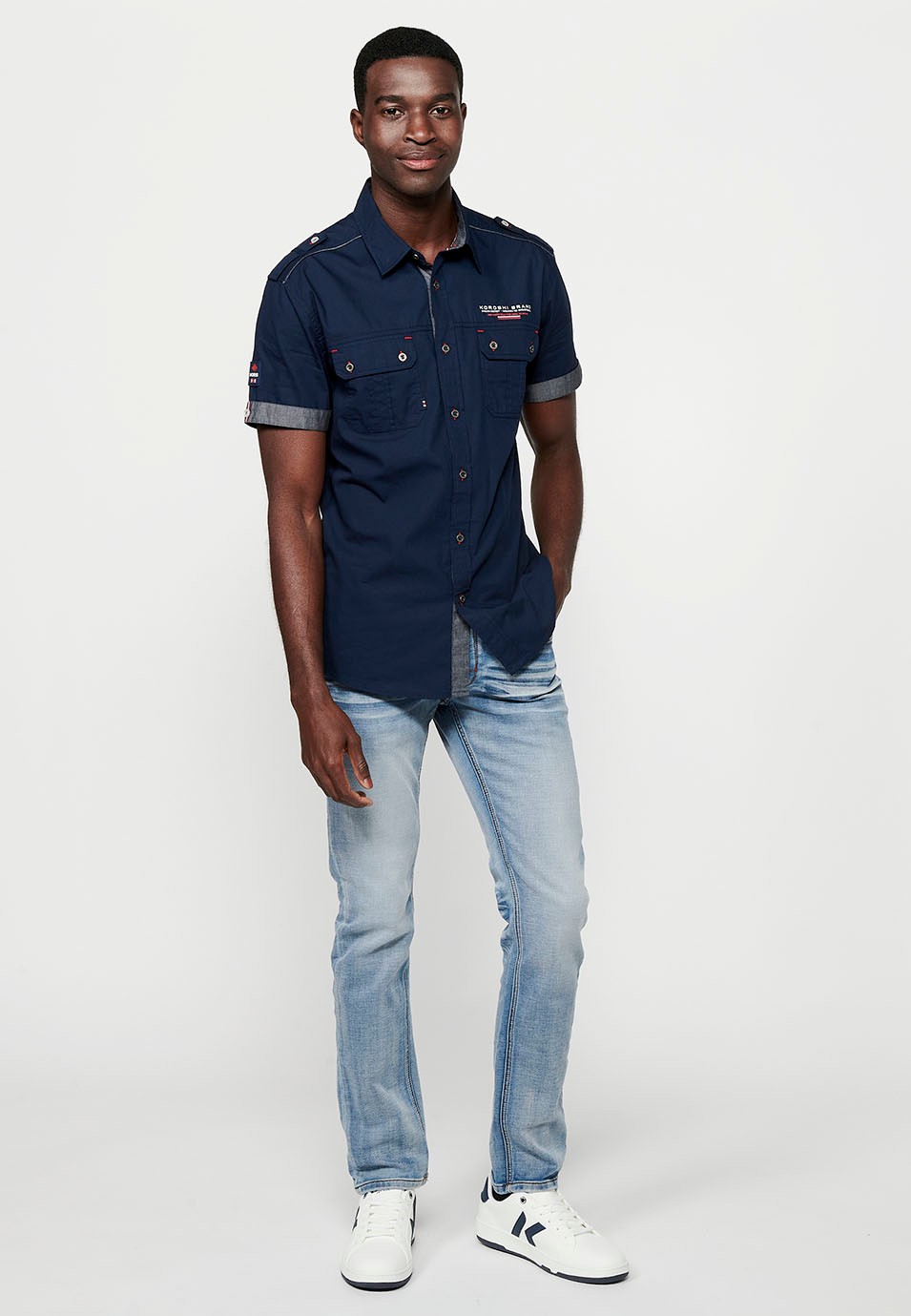 Cotton shirt, short sleeve, shoulder details, navy color for men 3
