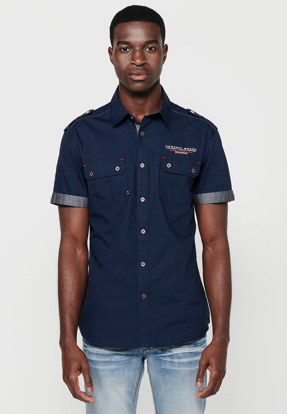 Cotton shirt, short sleeve, shoulder details, navy color for men 2