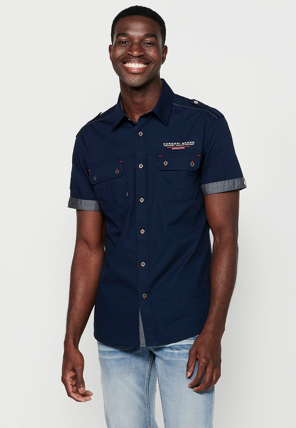 Chemise en coton, manches courtes, détails épaules, couleur marine pour homme 1