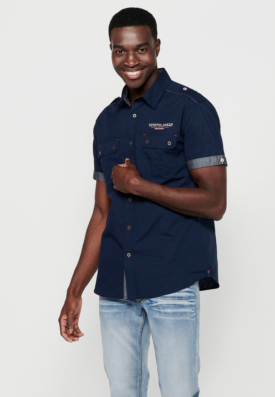 Cotton shirt, short sleeve, shoulder details, navy color for men 4