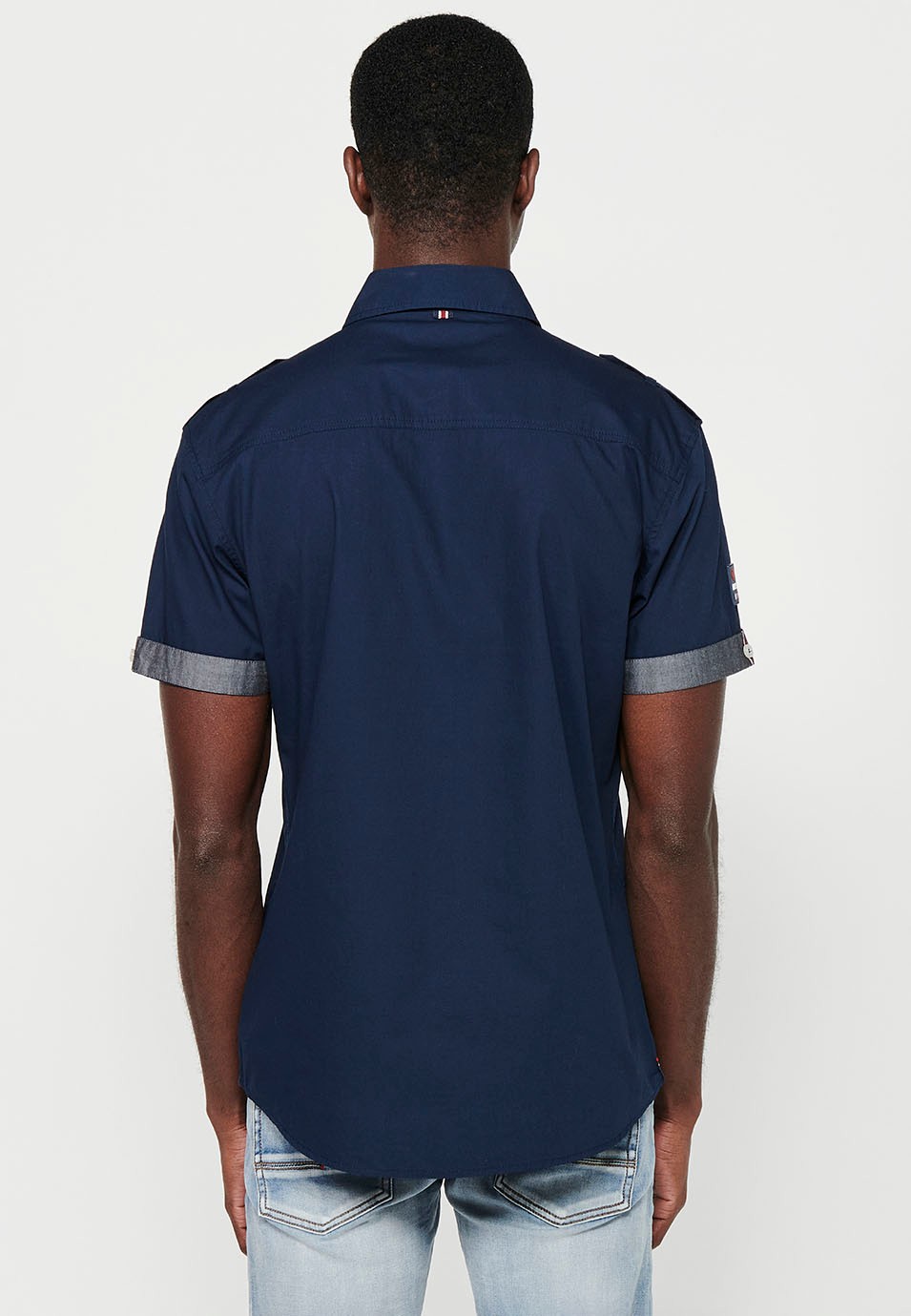 Cotton shirt, short sleeve, shoulder details, navy color for men 6