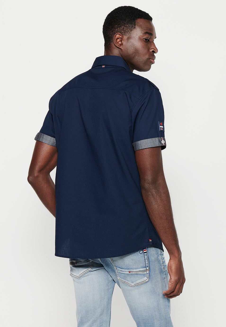 Cotton shirt, short sleeve, shoulder details, navy color for men 7
