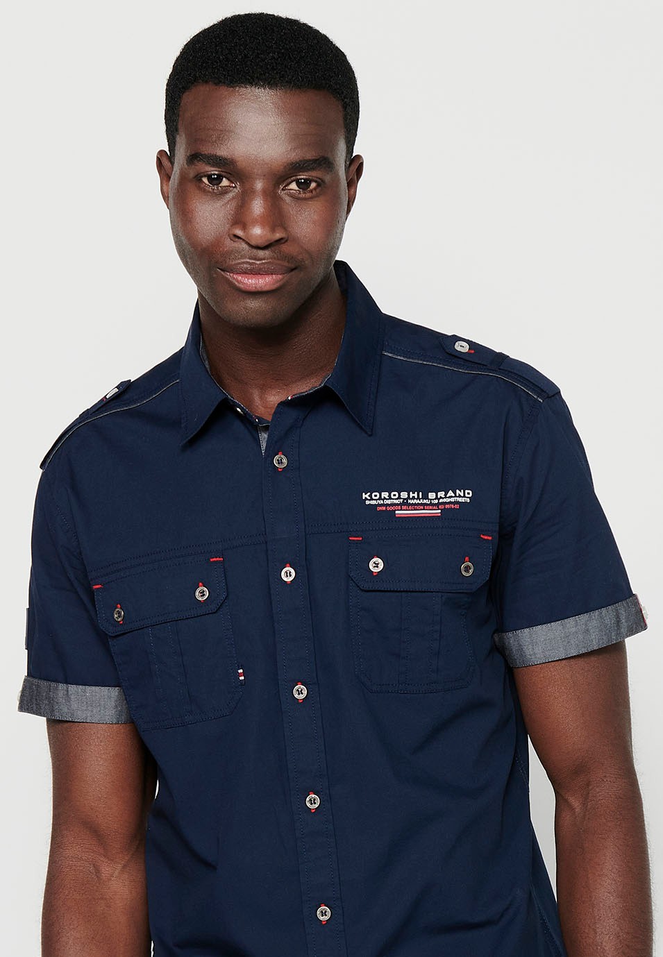 Cotton shirt, short sleeve, shoulder details, navy color for men 8