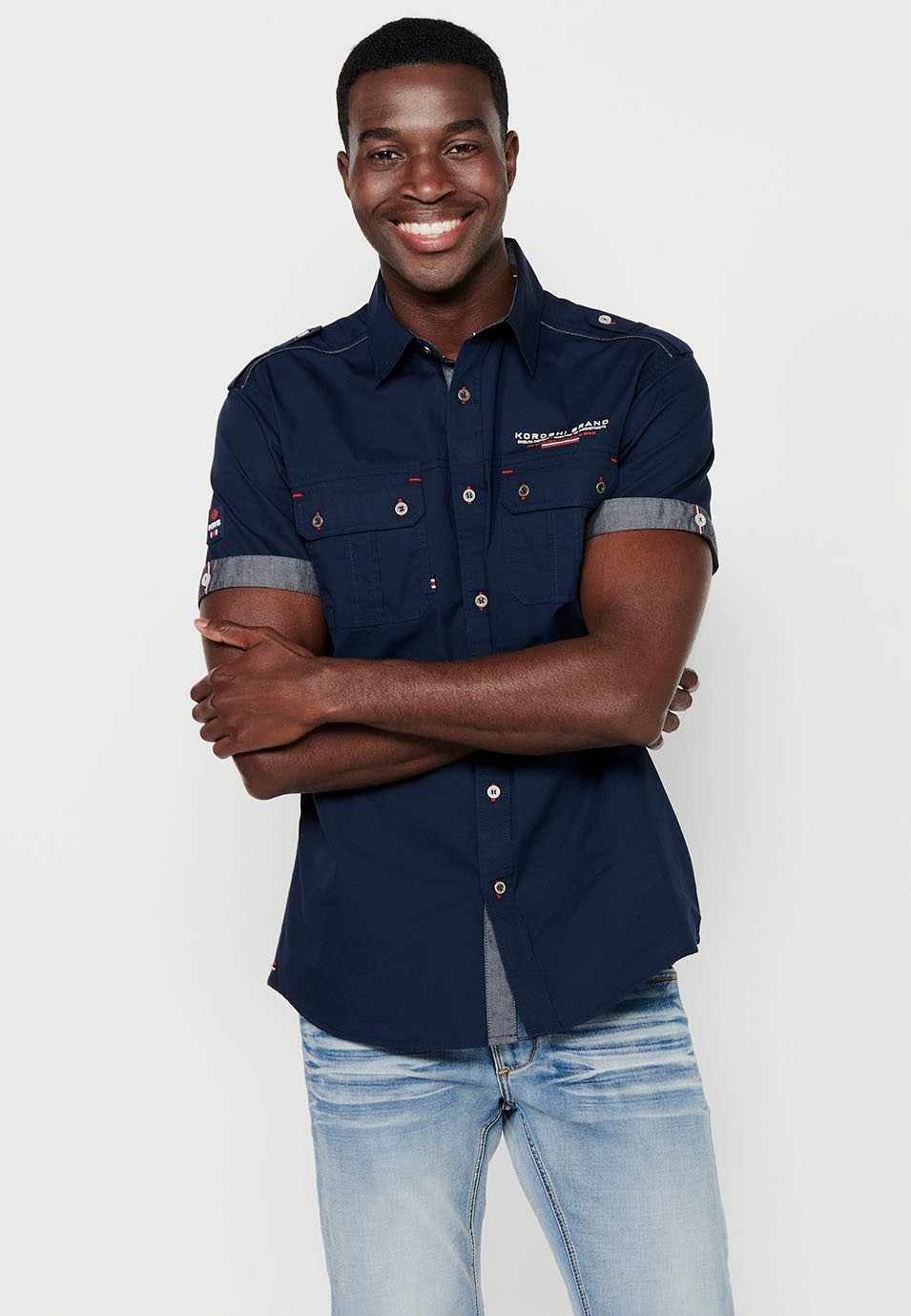 Cotton shirt, short sleeve, shoulder details, navy color for men 5