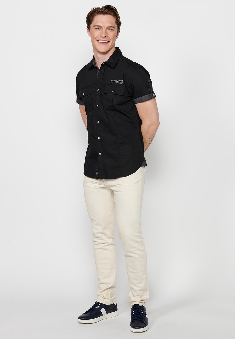 Short Sleeve Cotton Shirt with Button Front Closure and Front Flap Pockets in black Color for Men