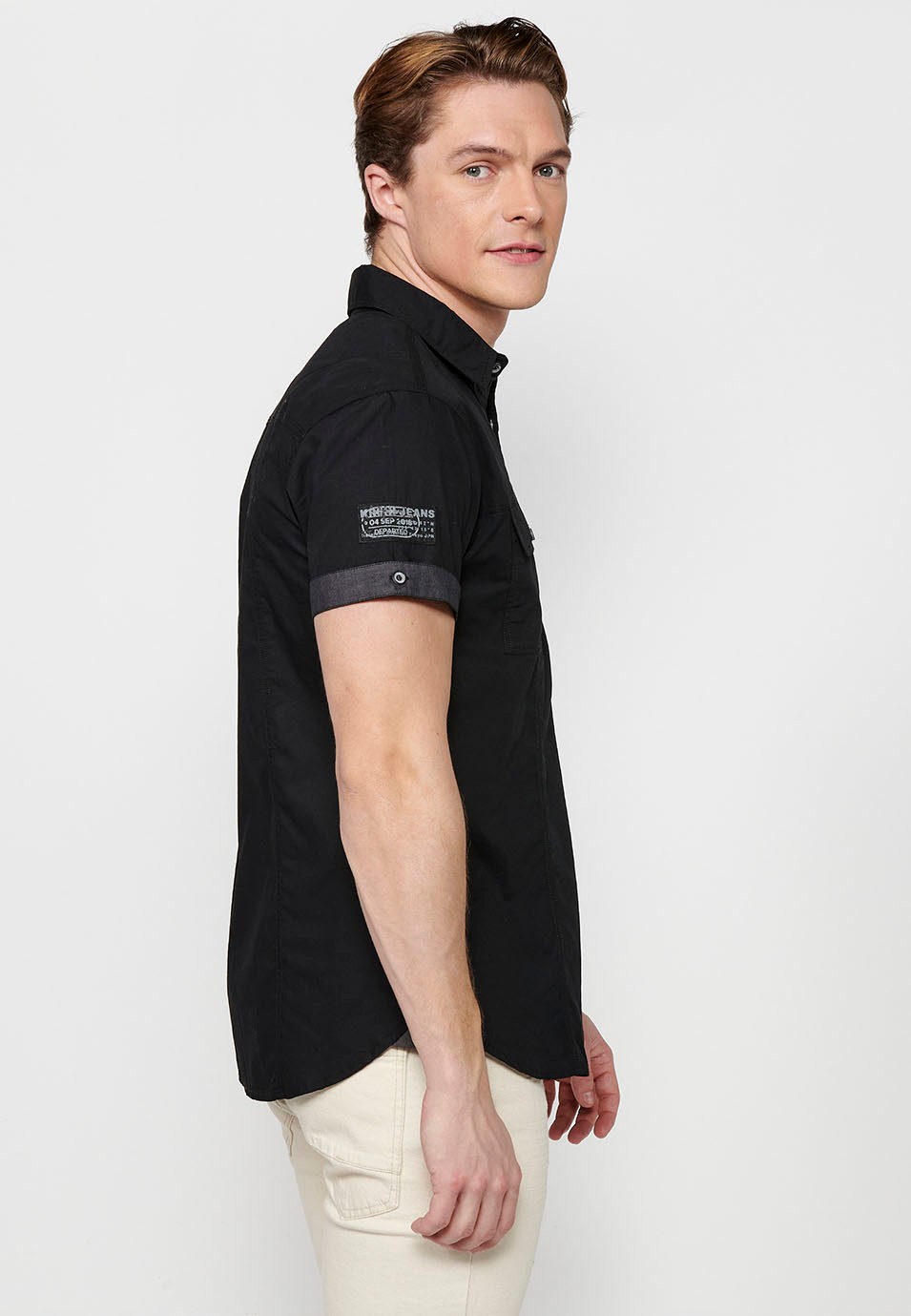Short Sleeve Cotton Shirt with Button Front Closure and Front Flap Pockets in black Color for Men