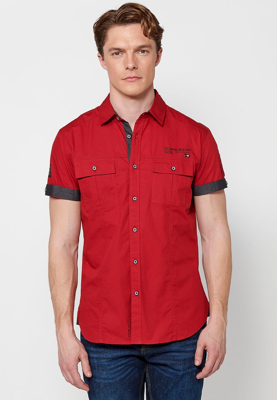 Camisa de manga corta de Algodón con Cierre delantero con botones y Bolsillos delanteros con solapa de Color rojo para Hombre