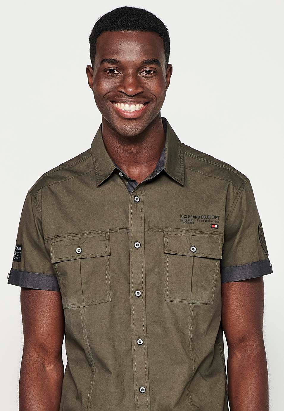 Short Sleeve Cotton Shirt with Button Front Closure and Front Flap Pockets in Olive Color for Men 2