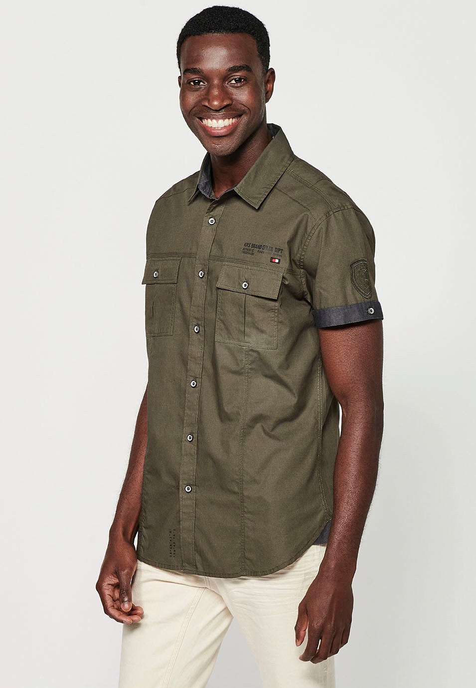 Short Sleeve Cotton Shirt with Button Front Closure and Front Flap Pockets in Olive Color for Men 3
