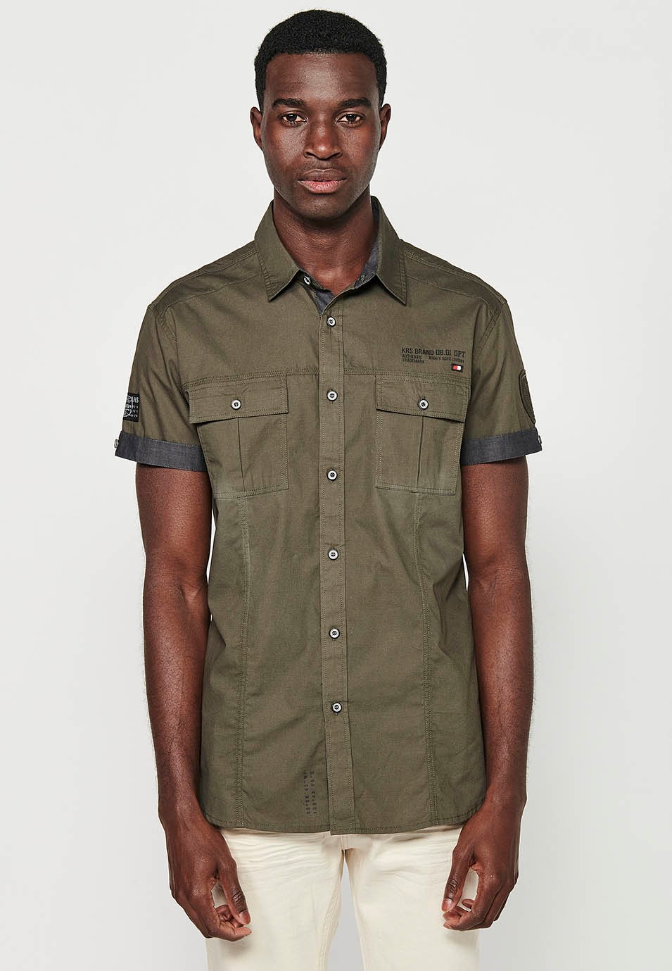 Short Sleeve Cotton Shirt with Button Front Closure and Front Flap Pockets in Olive Color for Men 5