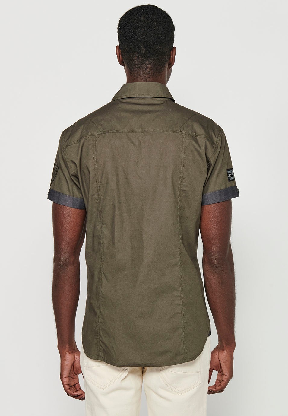 Short Sleeve Cotton Shirt with Button Front Closure and Front Flap Pockets in Olive Color for Men 6