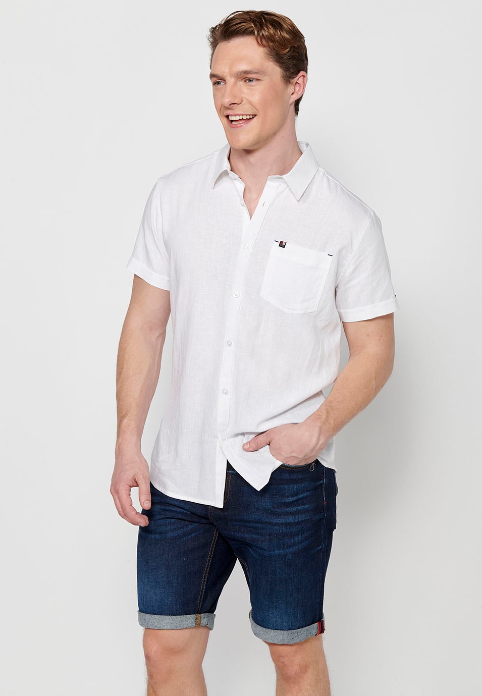 Chemise en lin à manches courtes, blanche, pour homme