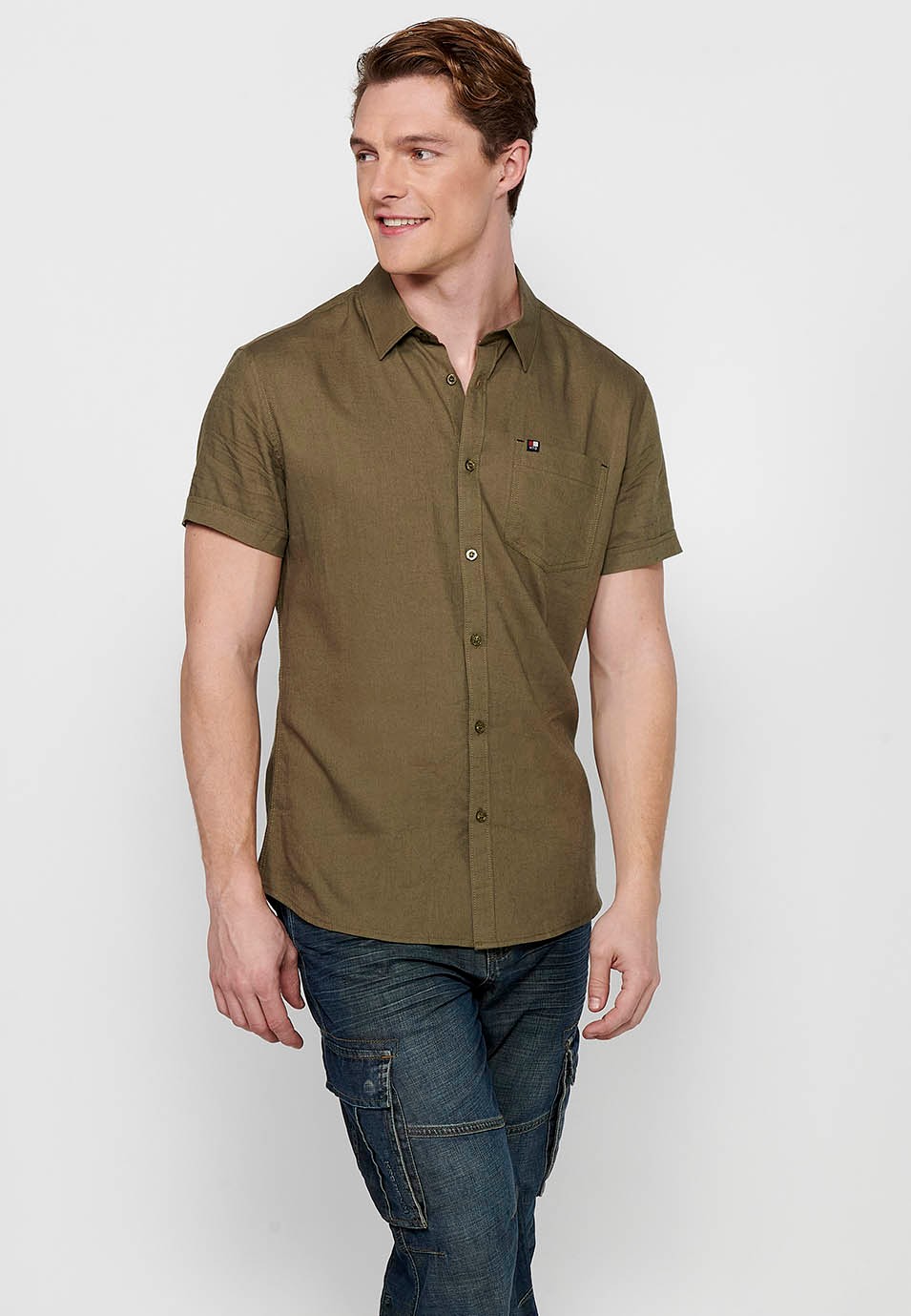Short Sleeve Linen Shirt, khaki color, for men