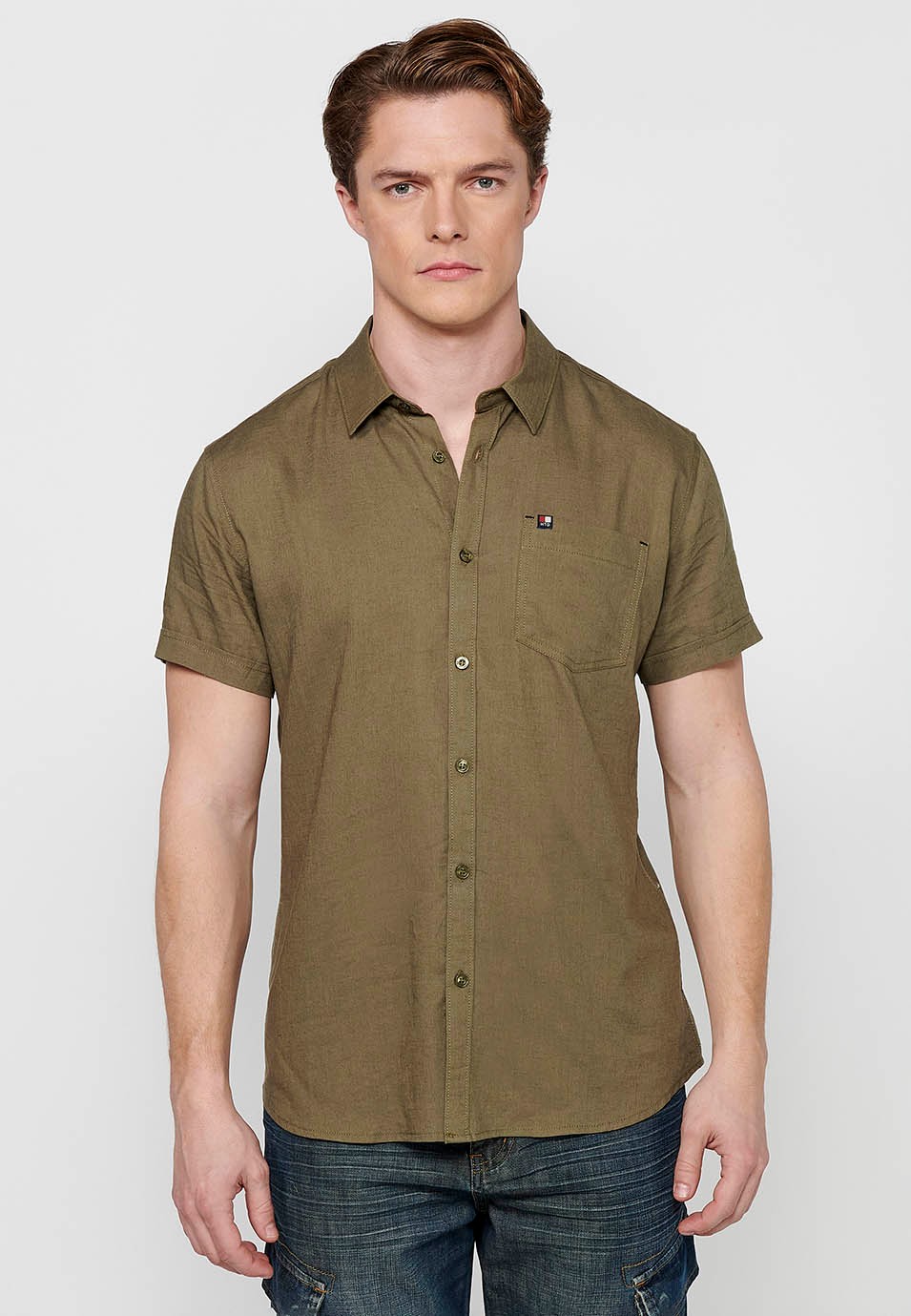 Short Sleeve Linen Shirt, khaki color, for men 2