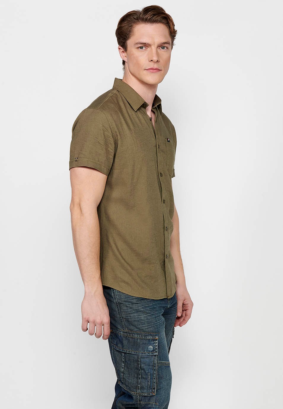 Short Sleeve Linen Shirt, khaki color, for men 7