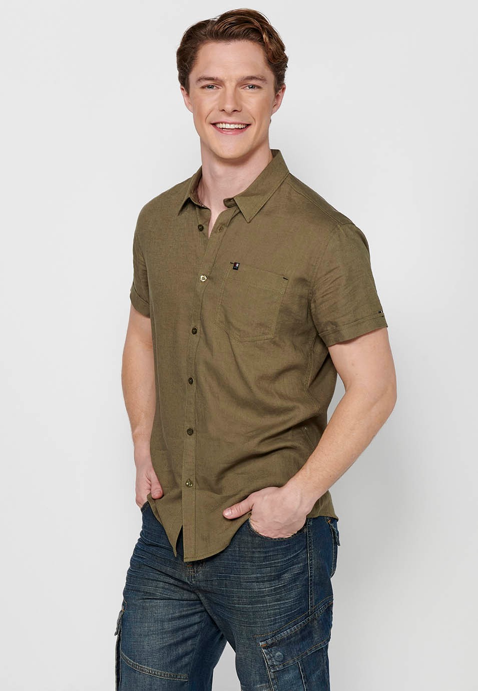 Short Sleeve Linen Shirt, khaki color, for men 5