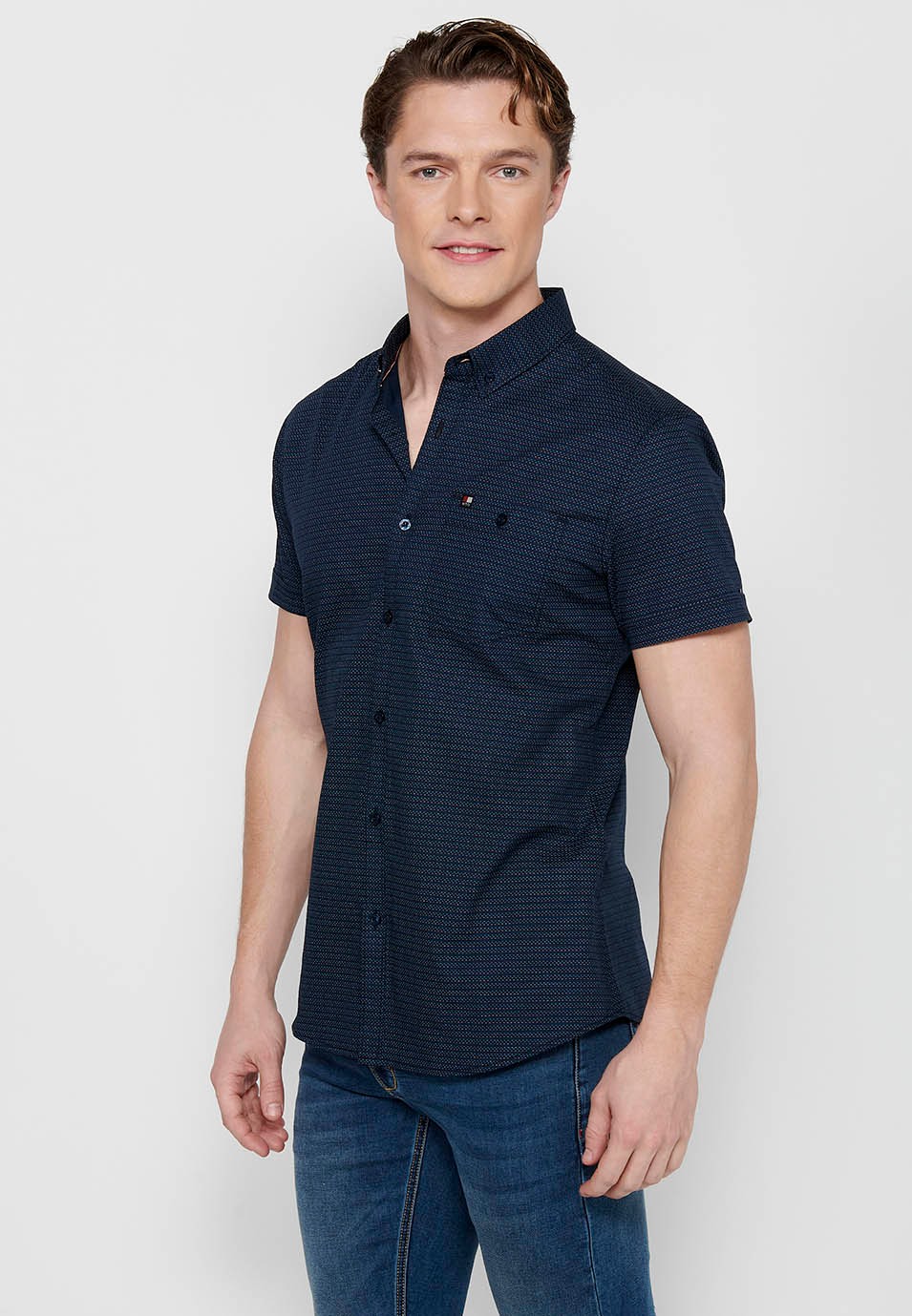 Short-sleeved Cotton Shirt with Blue Button Front Closure for Men