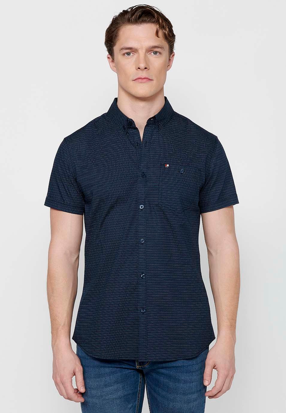 Short-sleeved Cotton Shirt with Blue Button Front Closure for Men 1
