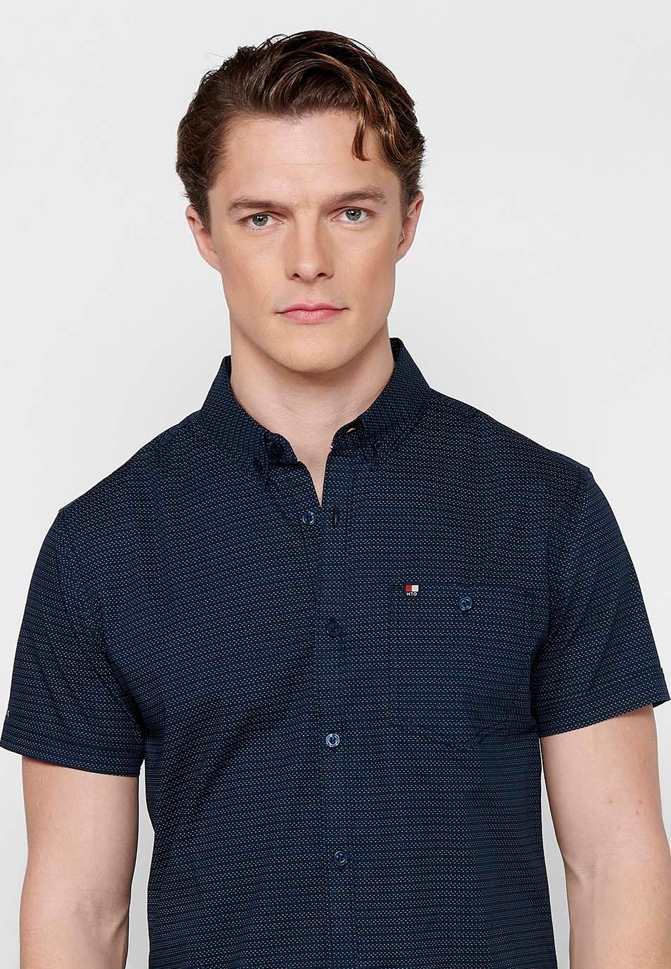 Short-sleeved Cotton Shirt with Blue Button Front Closure for Men 2