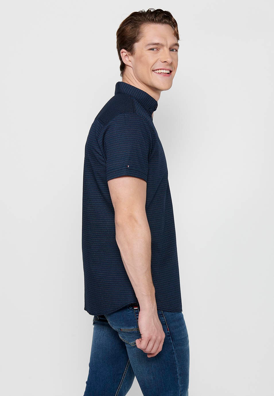 Chemise en coton à manches courtes avec fermeture boutonnée bleue sur le devant pour homme 6