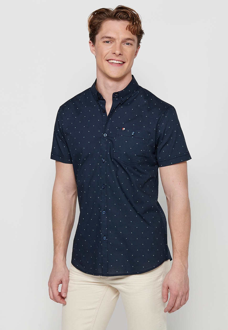 Short-sleeved Cotton Shirt with navy Button Front Closure for Men