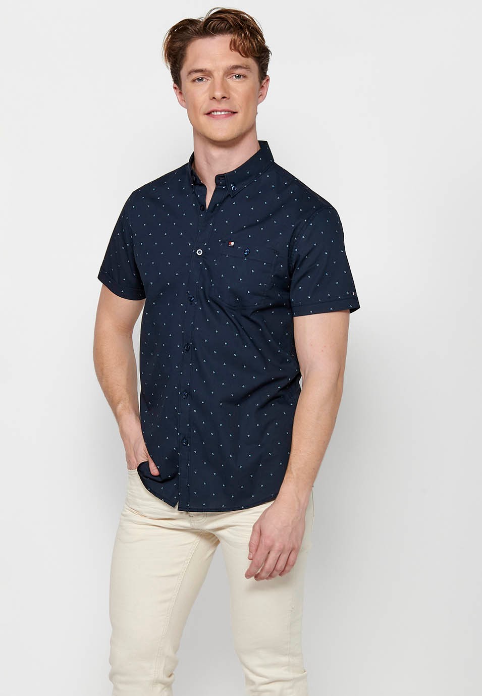 Kurzärmeliges Baumwollhemd mit Navy Knopfverschluss vorne für Herren
