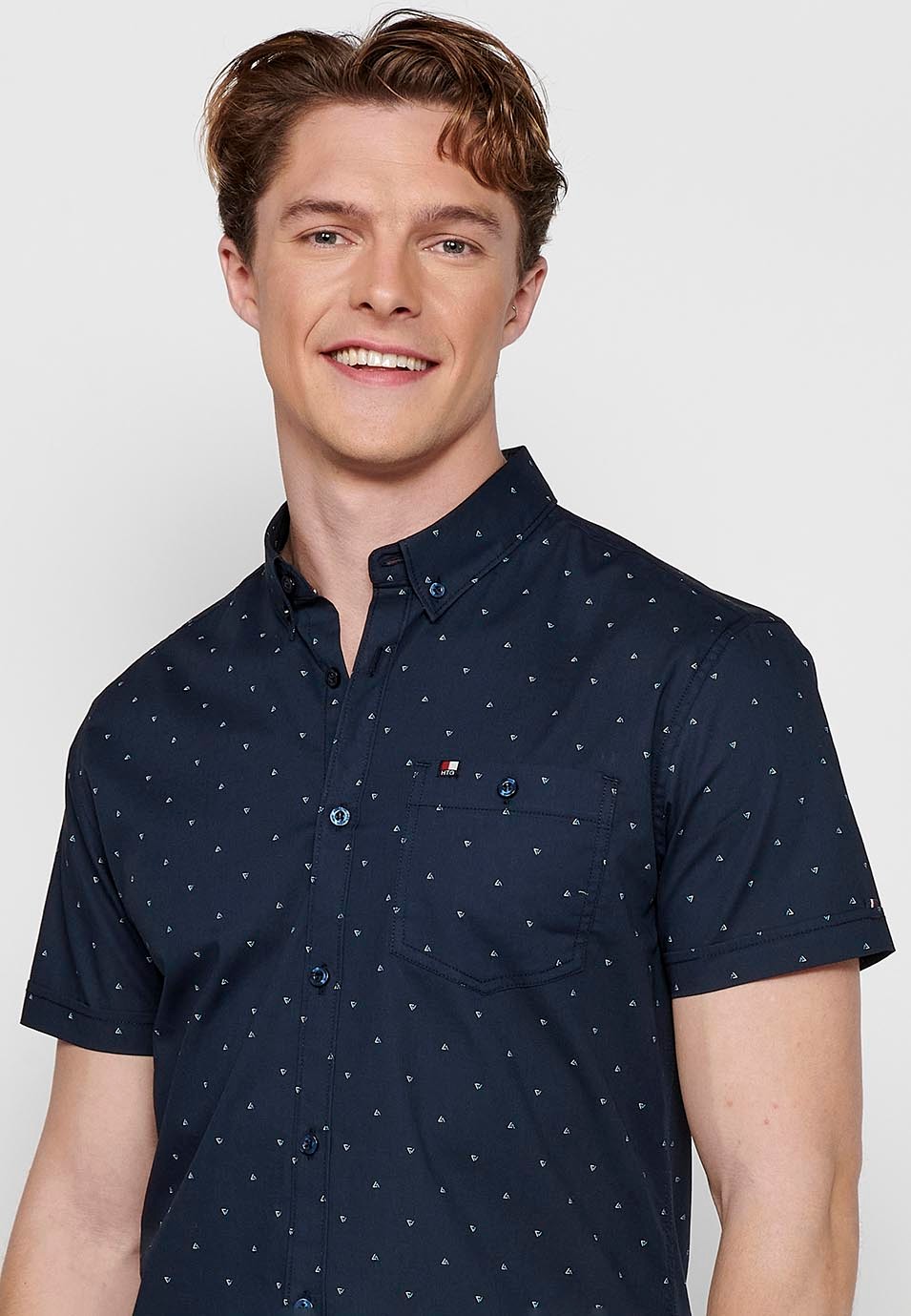 Short-sleeved Cotton Shirt with navy Button Front Closure for Men