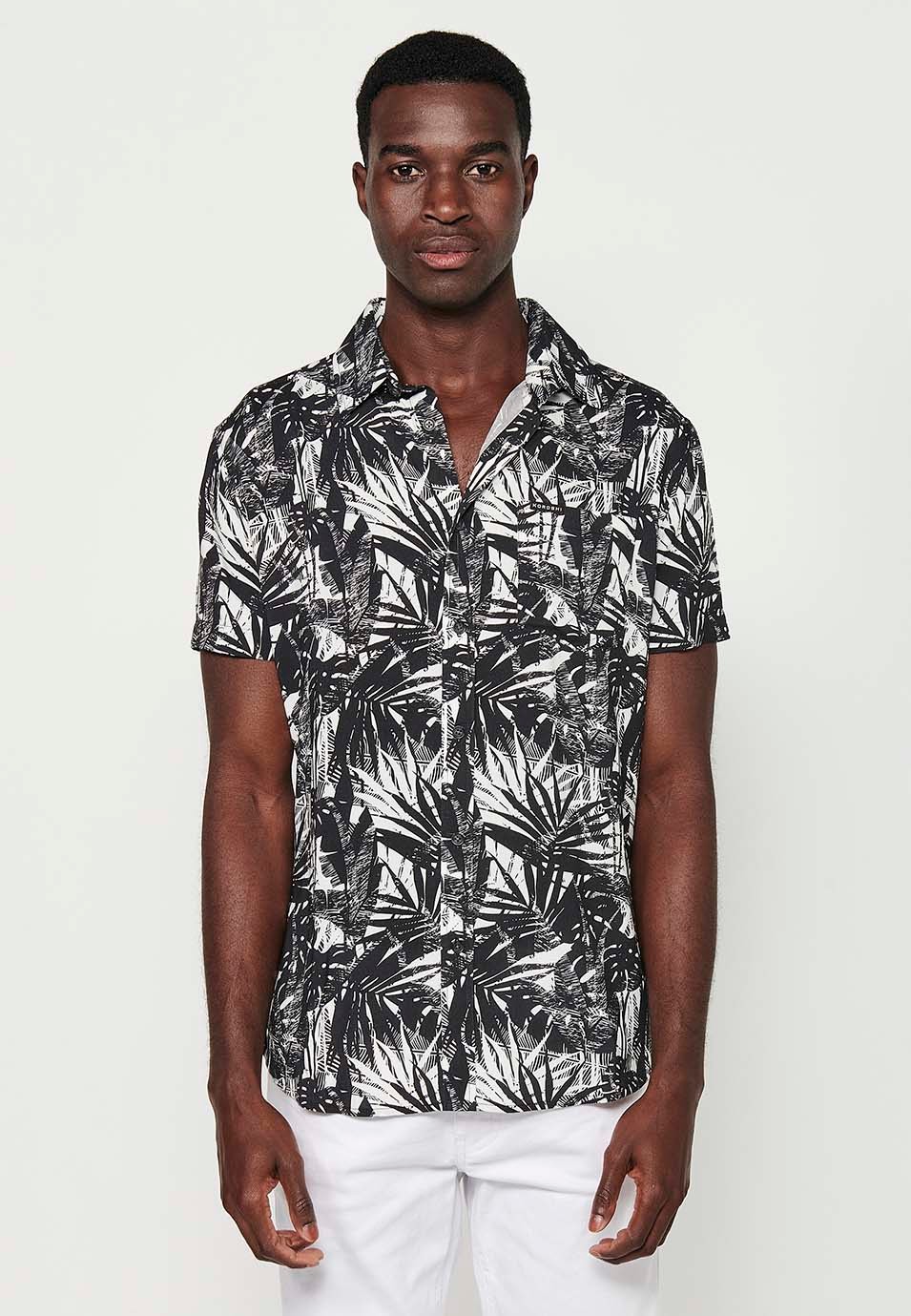 Short Sleeve Shirt with Button Front Closure and Black Floral Print for Men 1