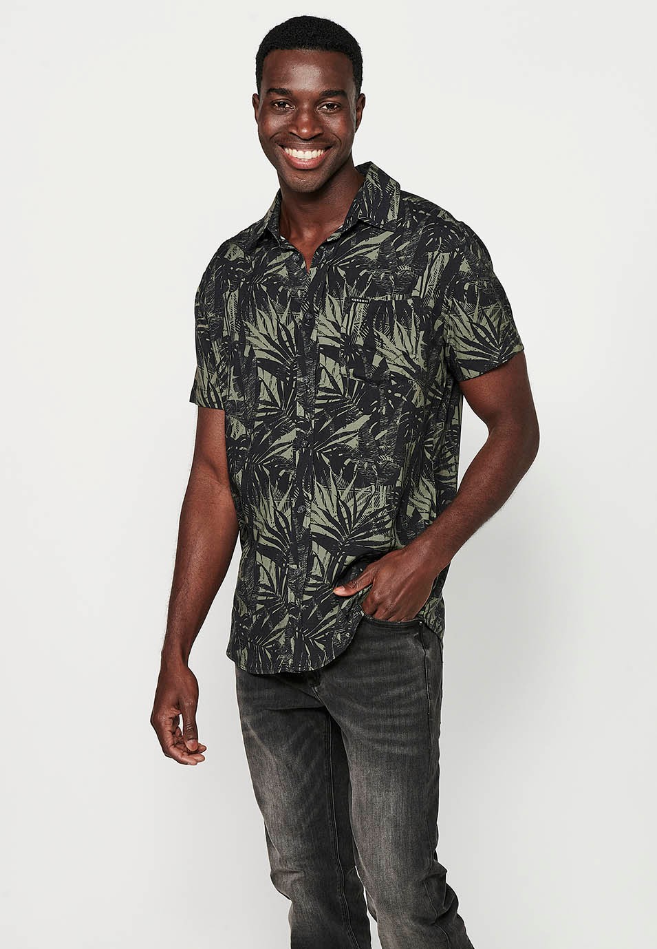 Men's Khaki Floral Print Button Front Short Sleeve Shirt