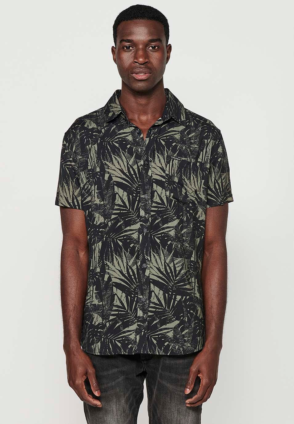 Men's Khaki Floral Print Button Front Short Sleeve Shirt 4