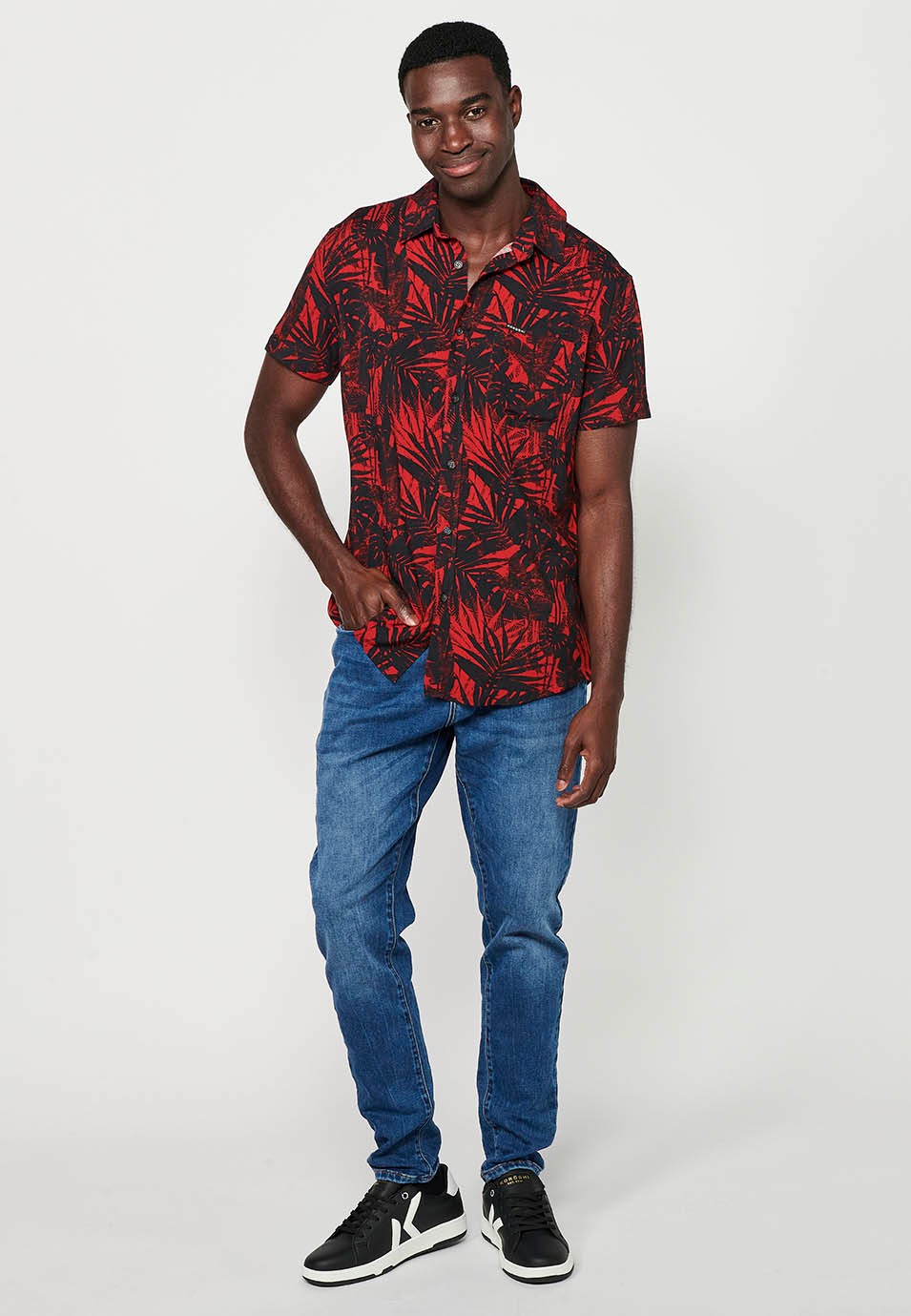 Men's Red Floral Print Button Front Closure Short Sleeve Shirt 3