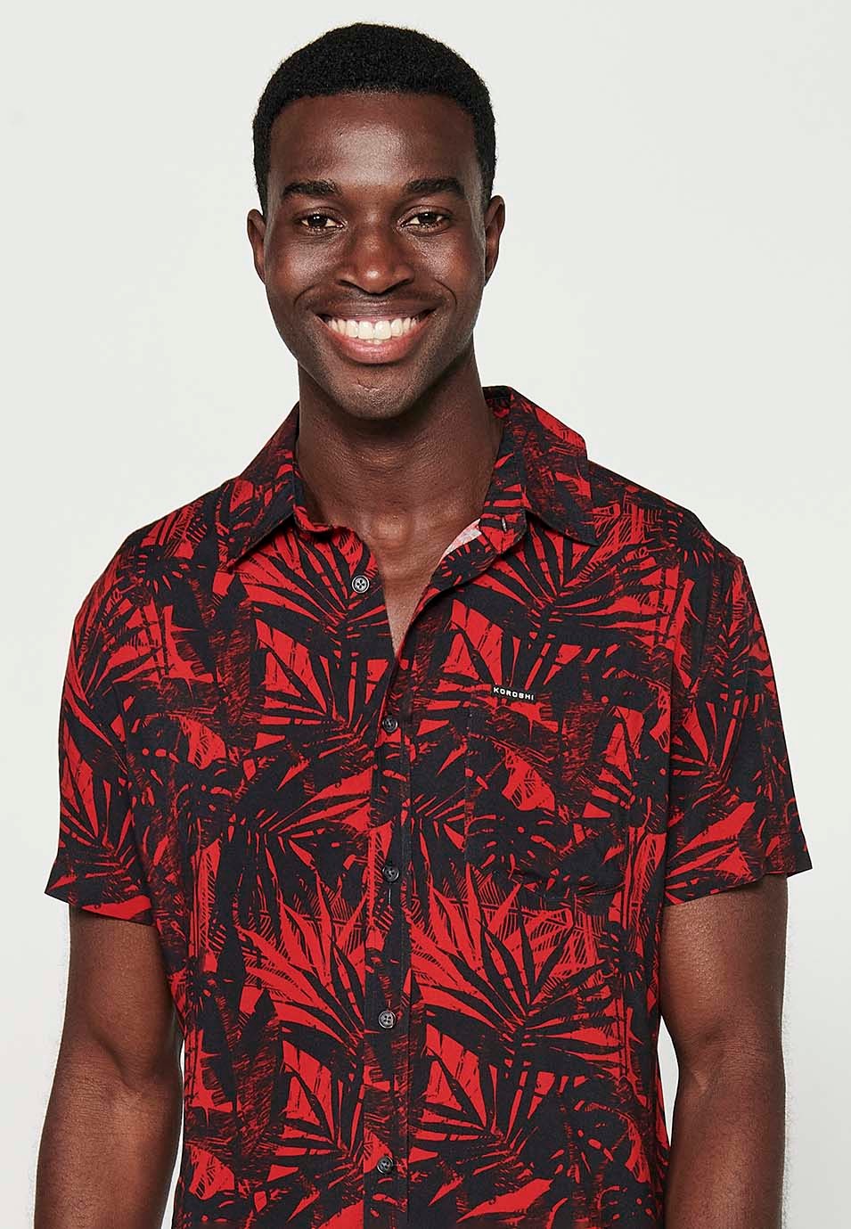 Chemise à manches courtes pour hommes, imprimé floral rouge, fermeture boutonnée sur le devant 1