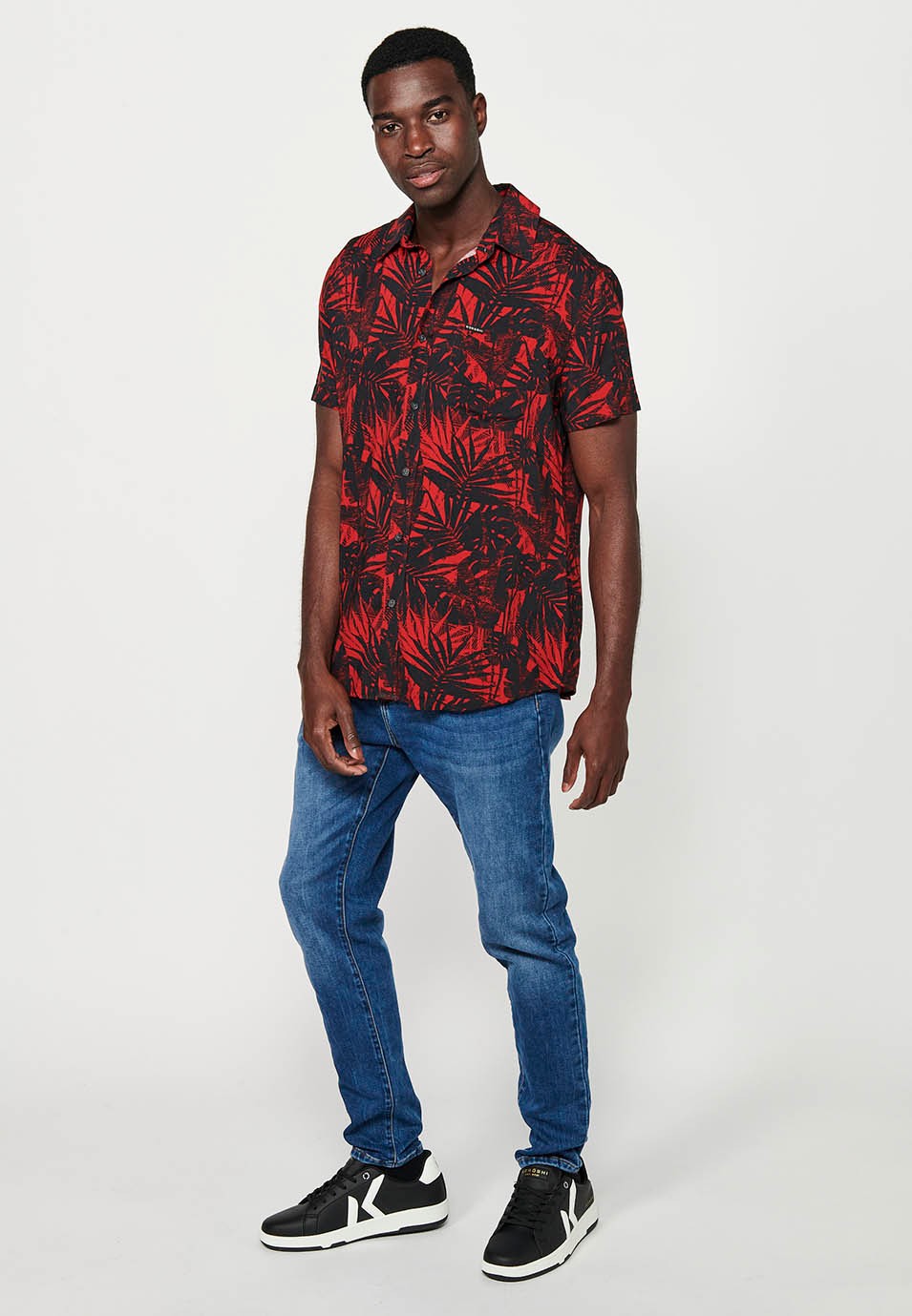Men's Red Floral Print Button Front Closure Short Sleeve Shirt 4
